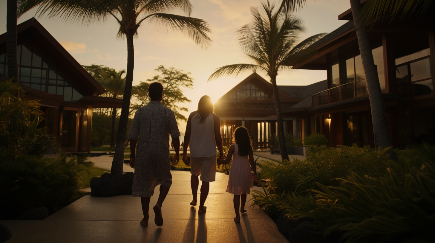 Luxury resort with rainforest foliage at sunset