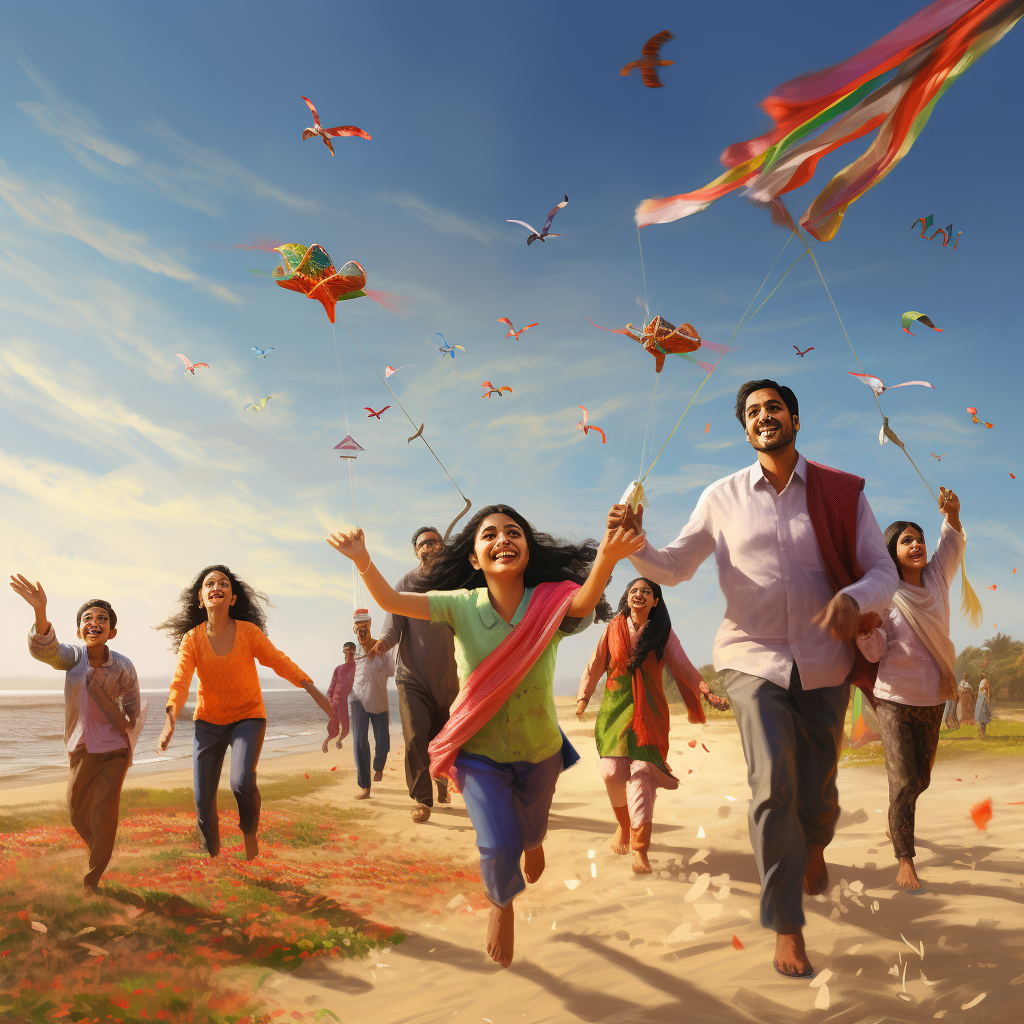 Luxury Indian family flying kites on Makar Sankranti