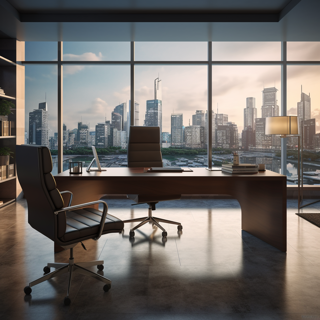 Executive Leader Workspace Desk with Cityscape Background