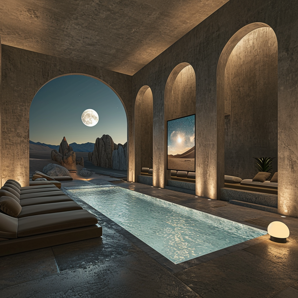 Luxury spa architectural visualization with moonlit desert video wall