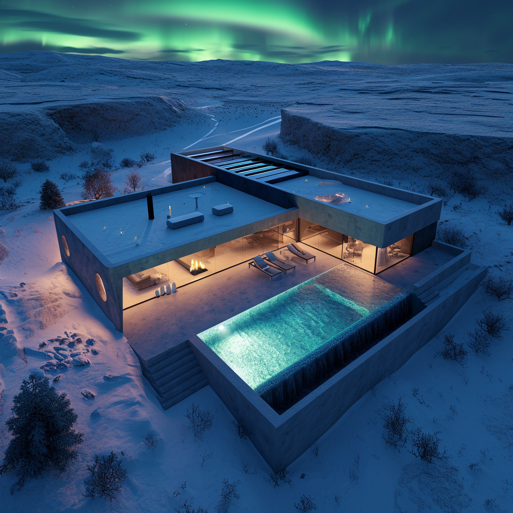 Aerial view of luxury spa with Iceland Aurora Borealis