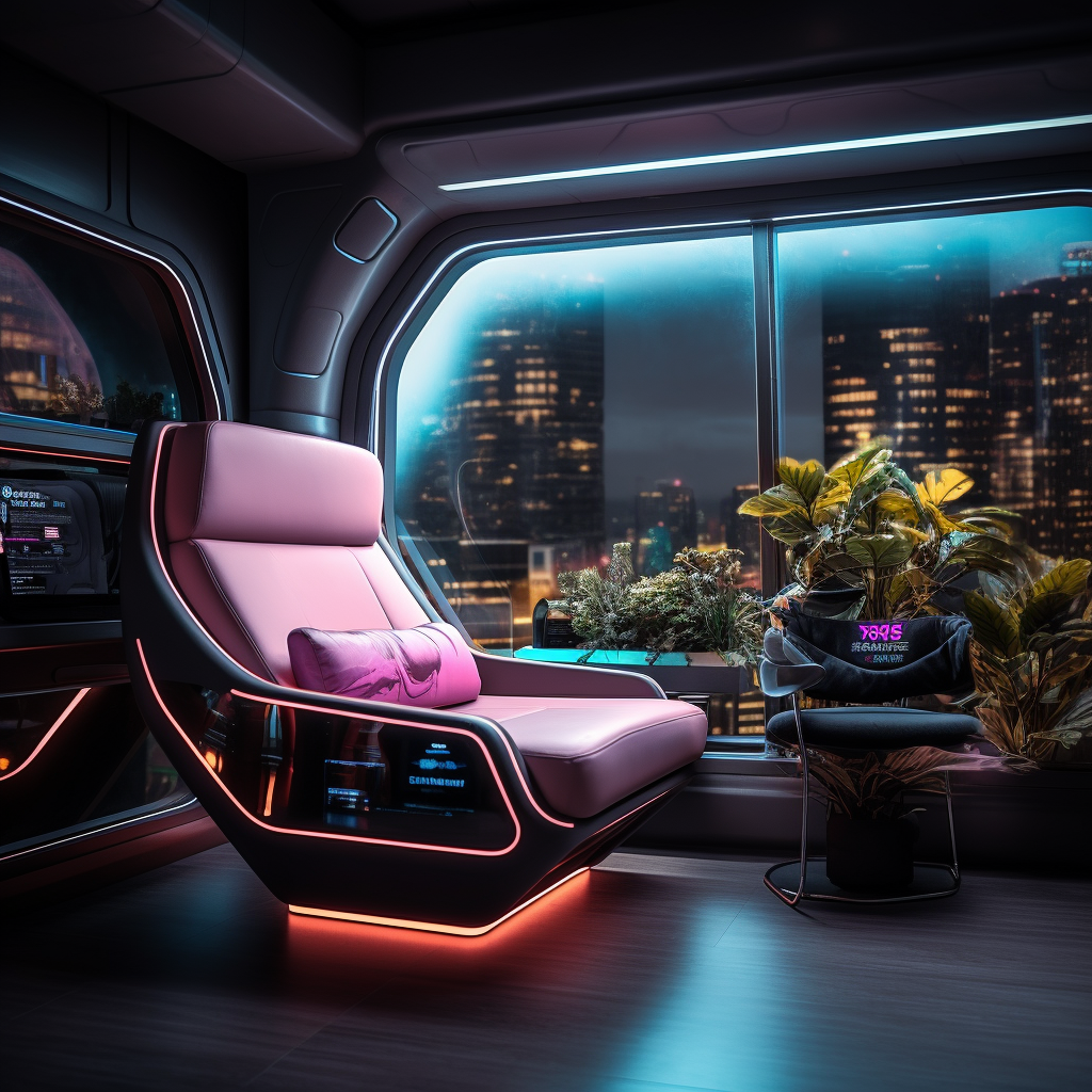 Luxury spaceship interior with neon bitcoin symbol