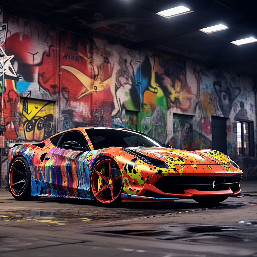 Luxury sports car with custom graffiti wrap