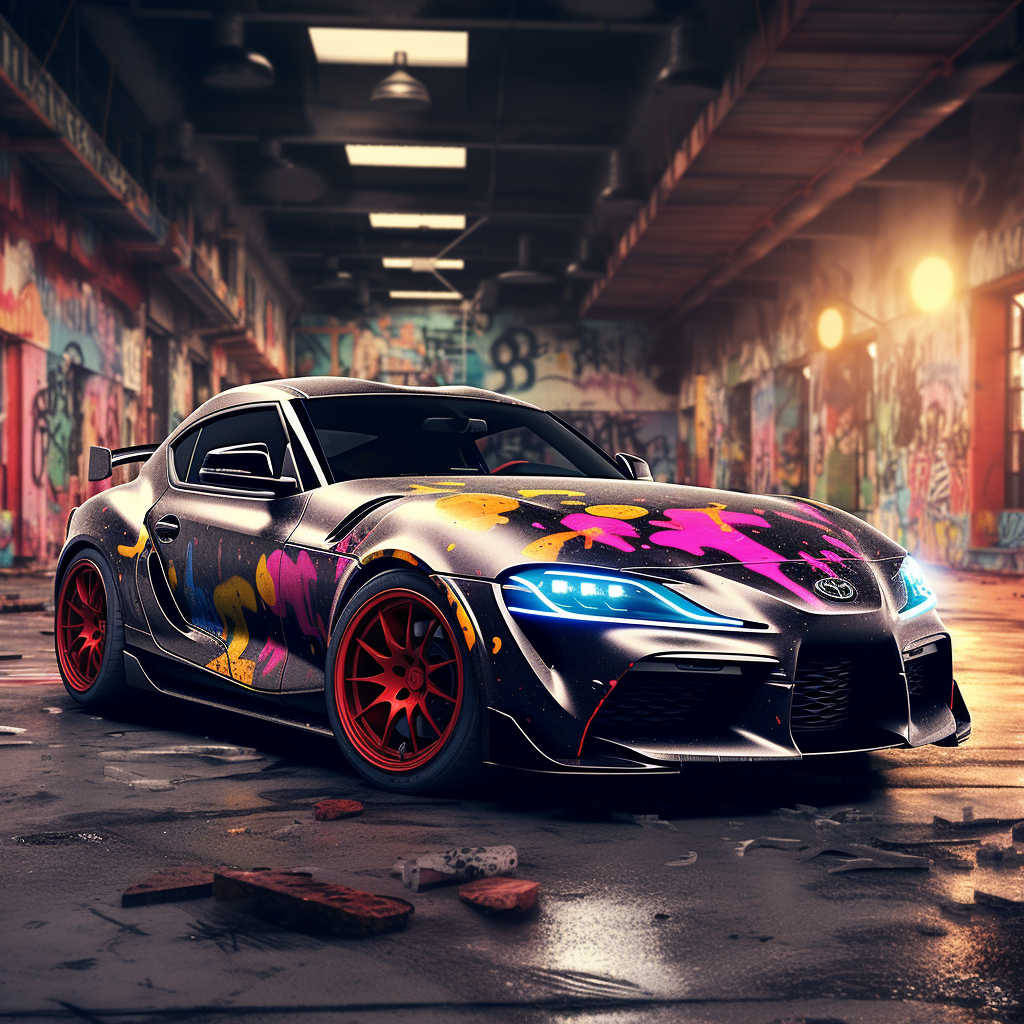 Photorealistic 3D image of luxury sports car with graffiti wrap