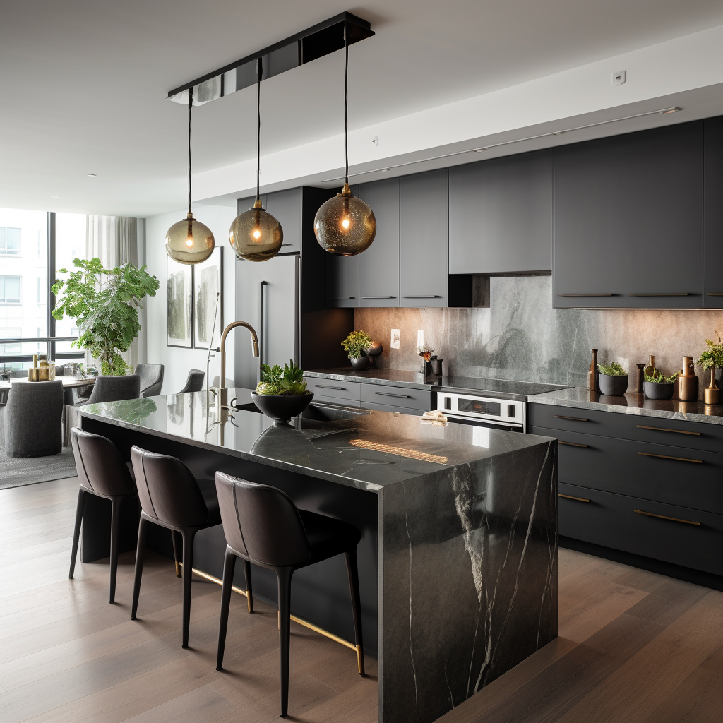 Modern luxury kitchen with black countertops and grey cabinets