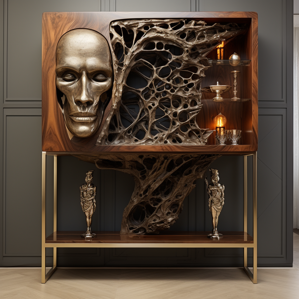 Stylish wood and metal cabinet in hallway