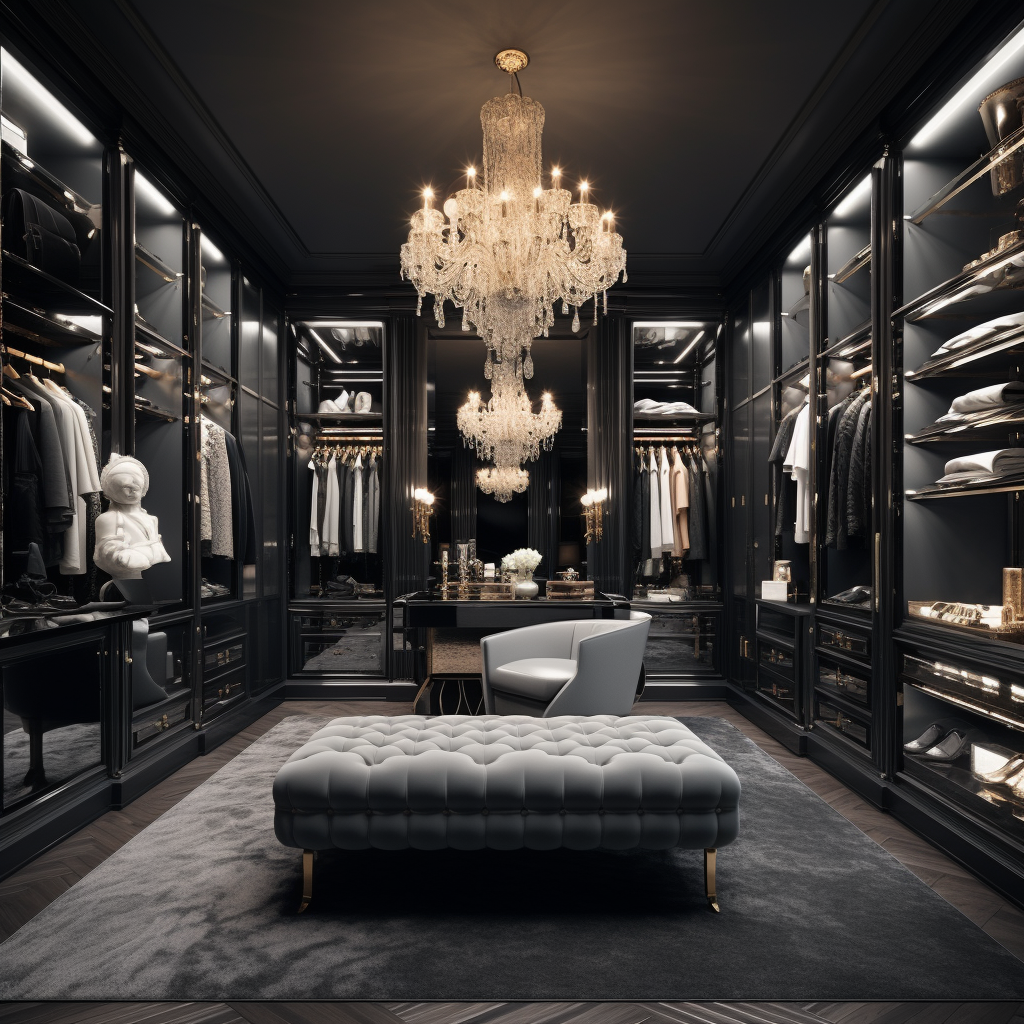 Luxury walk-in closet with vast clothing and shoe collection