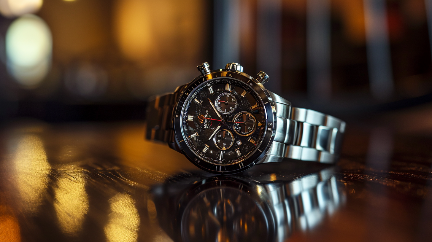 Luxury watch on polished wooden table