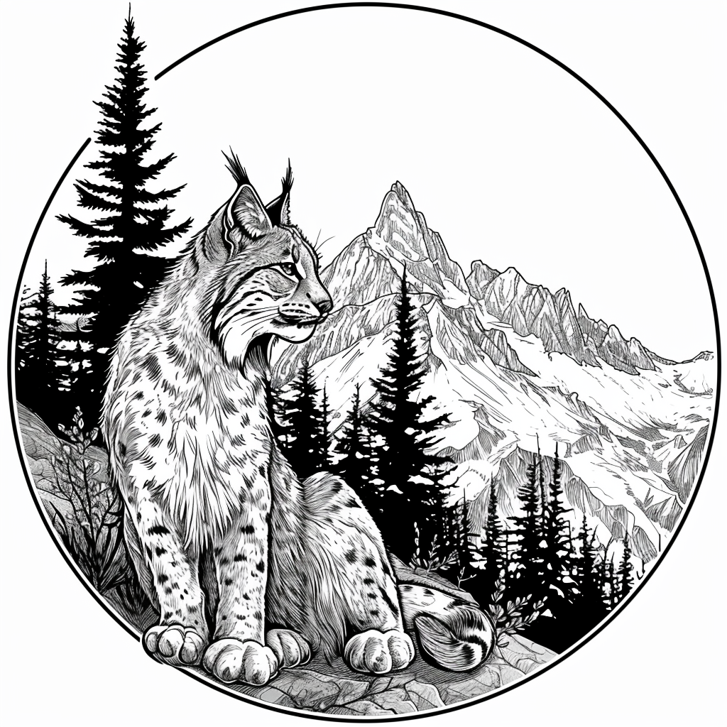 Majestic lynx cat with mountain and pine tree background