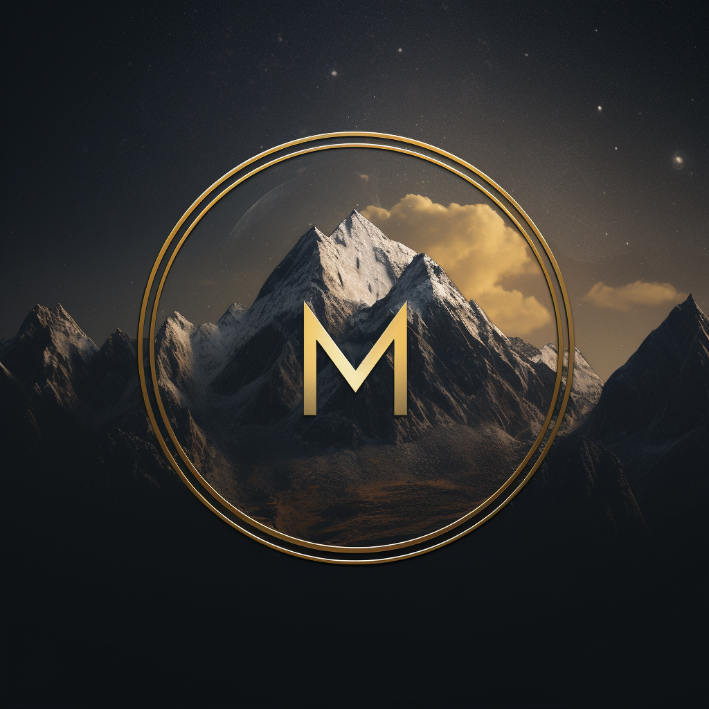 White M logo with mountains on black background