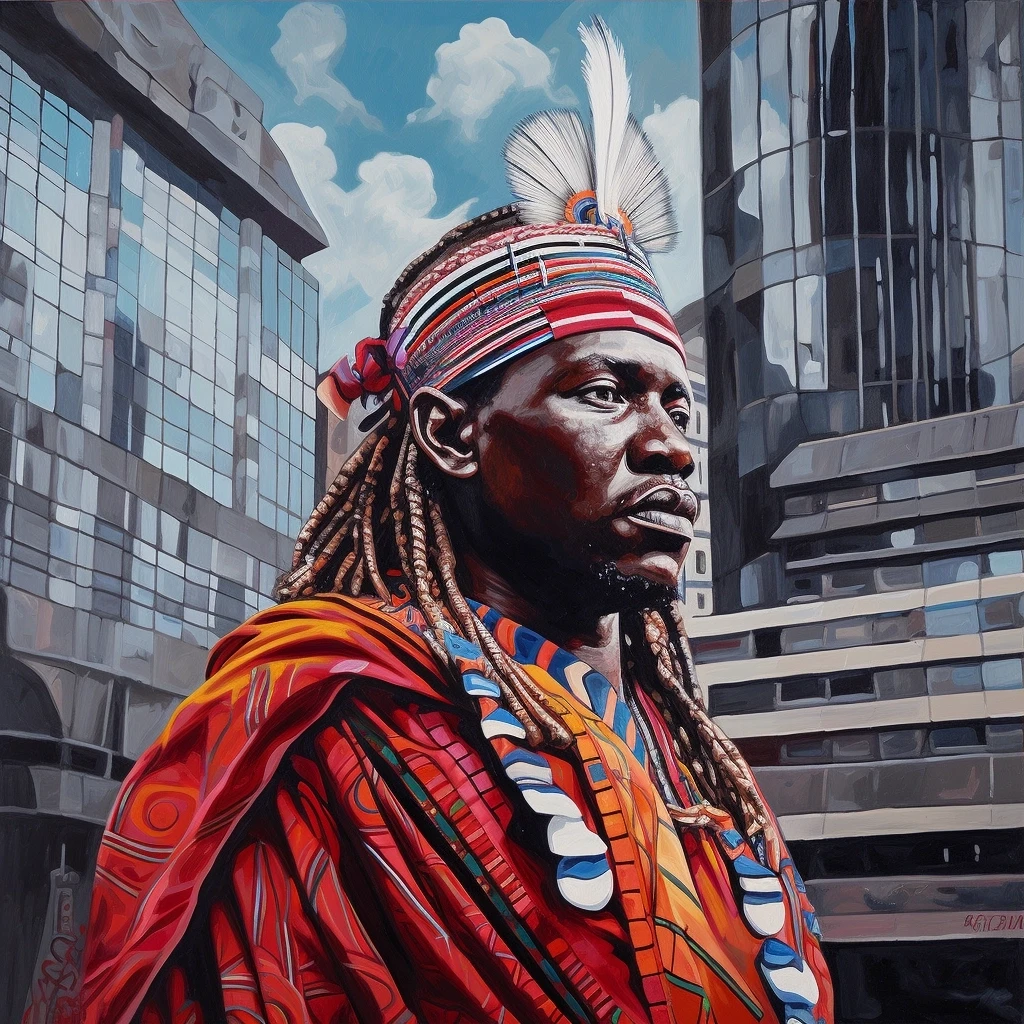 Maasai warrior in front of modern skyscraper