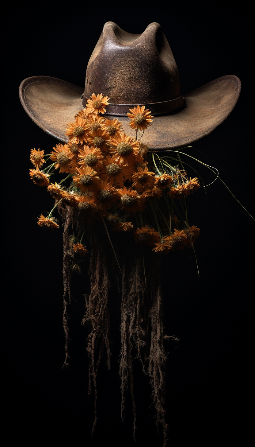 Macabre Gothic Cowboy Hat, Rope, Wilted Flowers, Gun