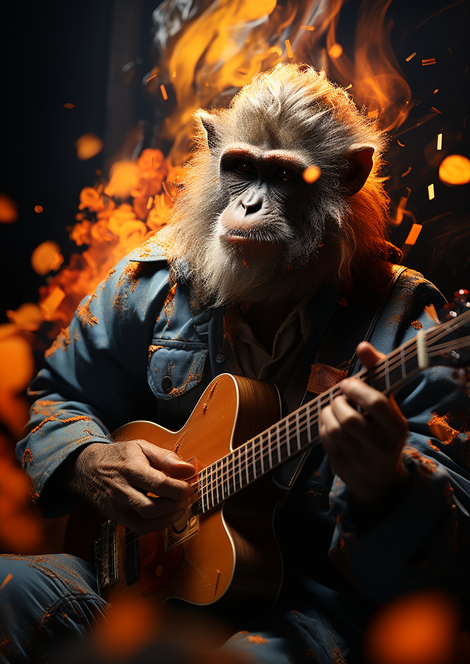 Japanese macaque with acoustic guitar on sparks background