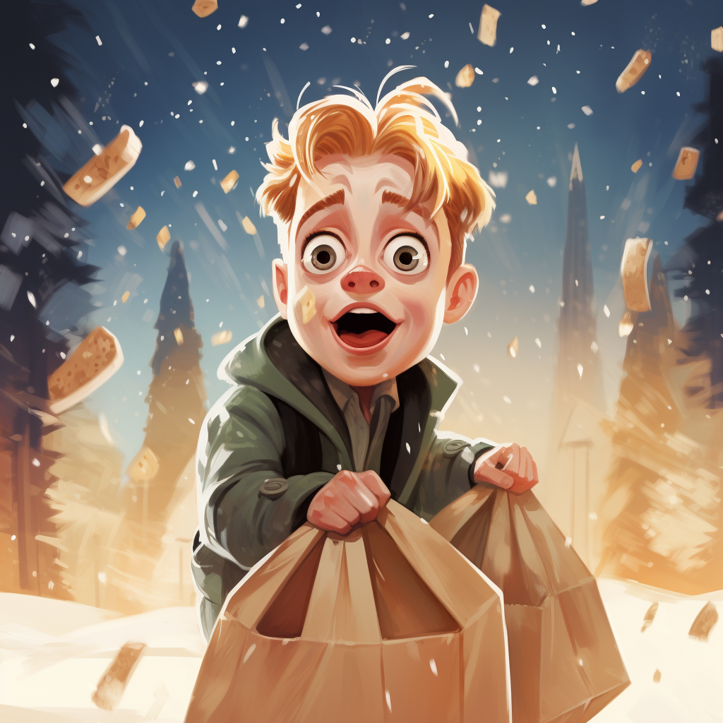 Macaulay Culkin carrying grocery bags in snow