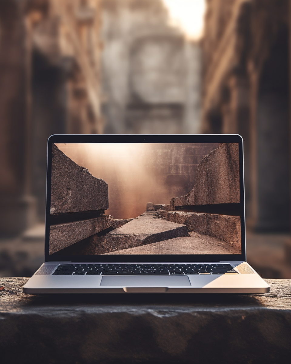 Macbook laptop on rustic concrete with natural lighting