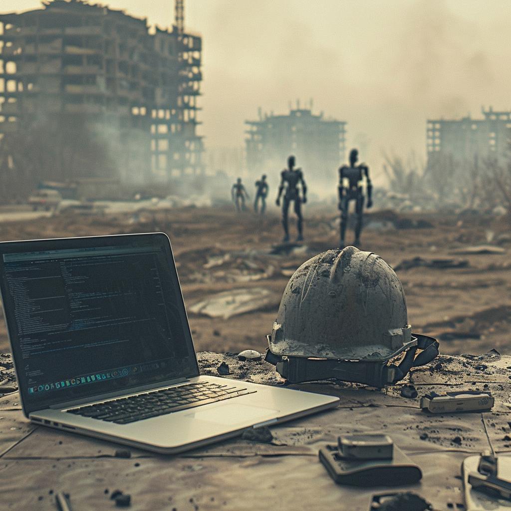 MacBook Pro and construction helmet in wasteland