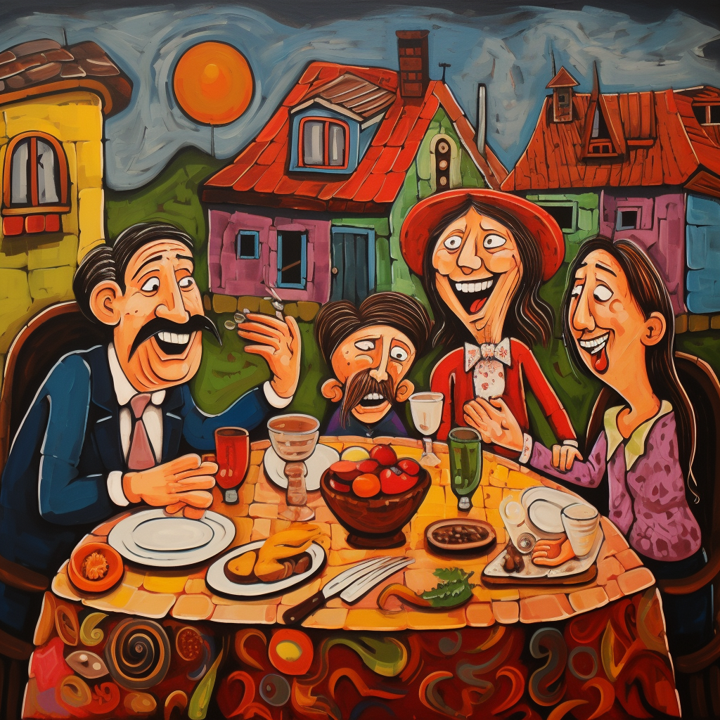 Macedonian family enjoying dinner together in oil painting style