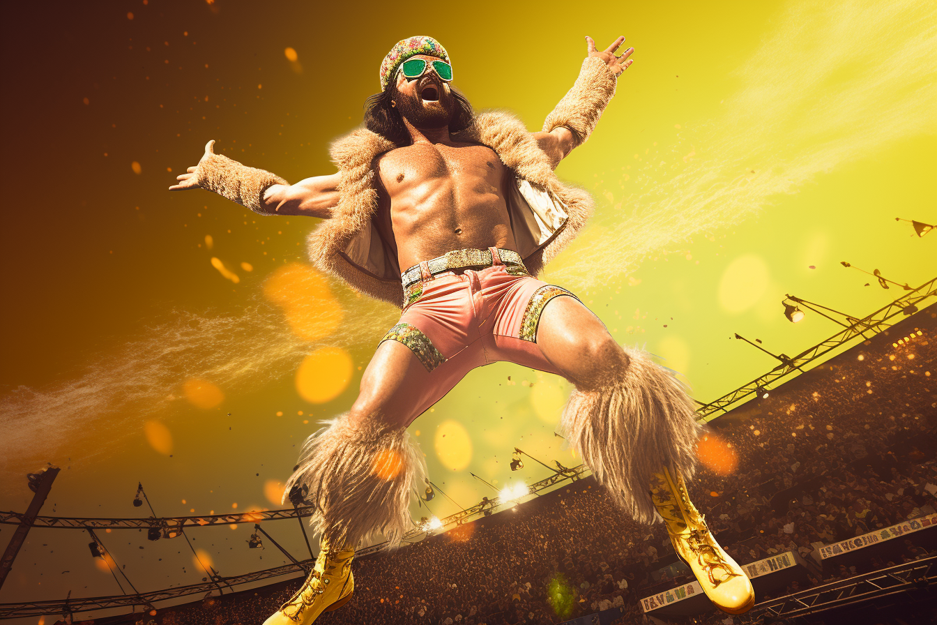 Macho Man Randy Savage jumping in the ring