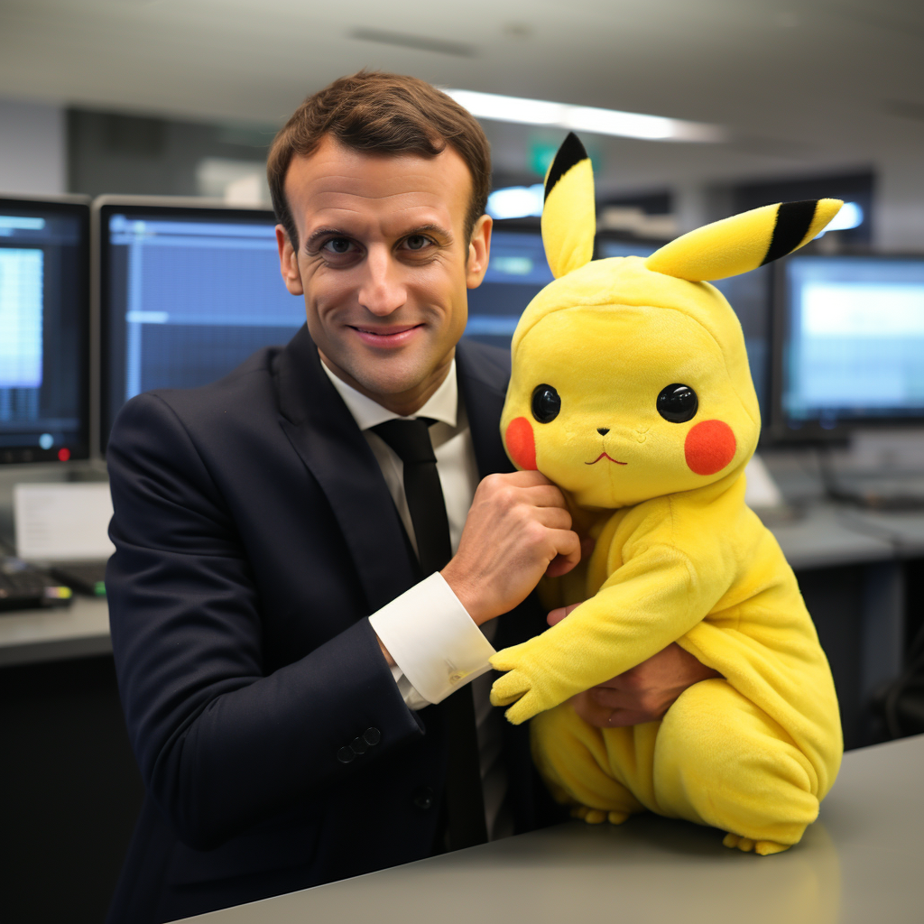 Macron braqueur de banque avec bonnet Pikachu