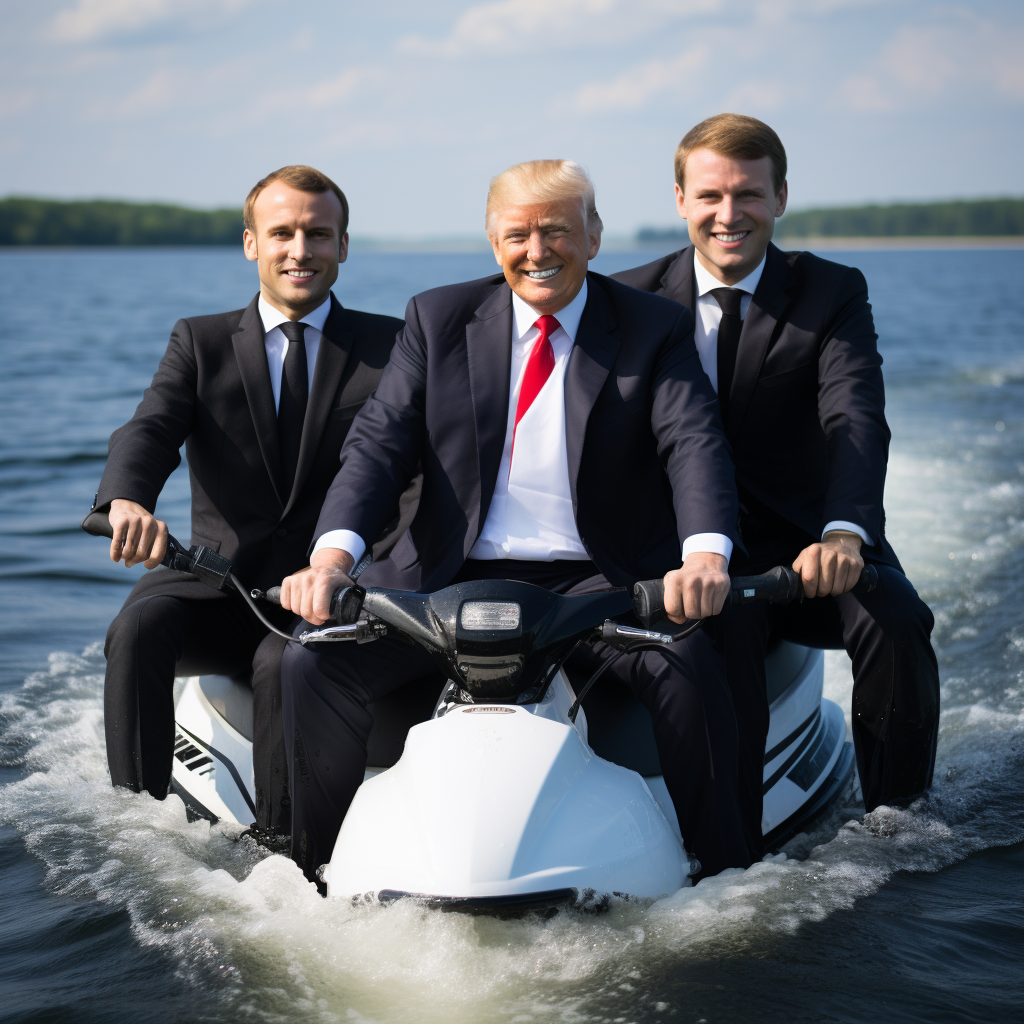 Leaders Macron, Putin, and Trump riding jet skis