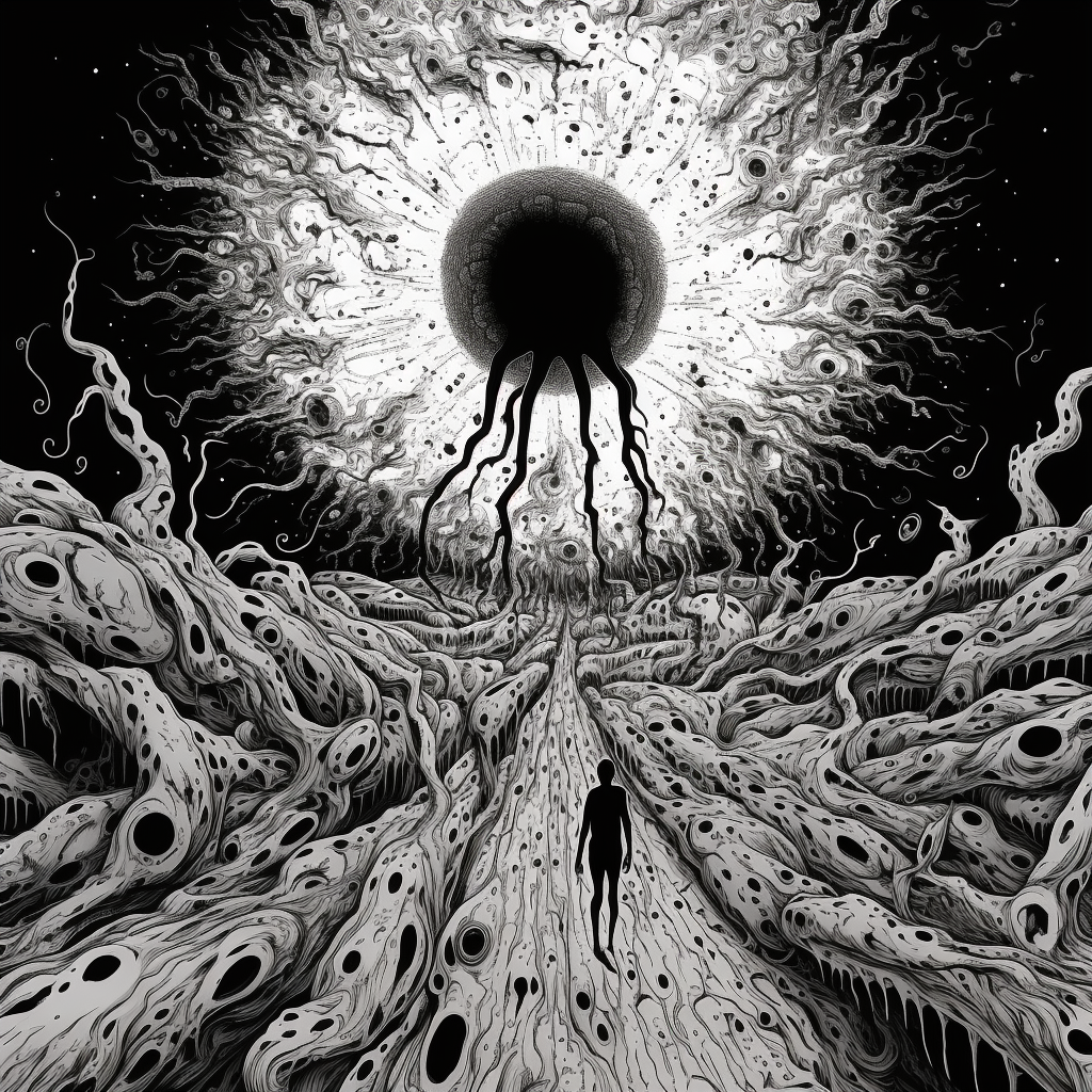 Macrophage engulfing bacterium in Junji Ito style