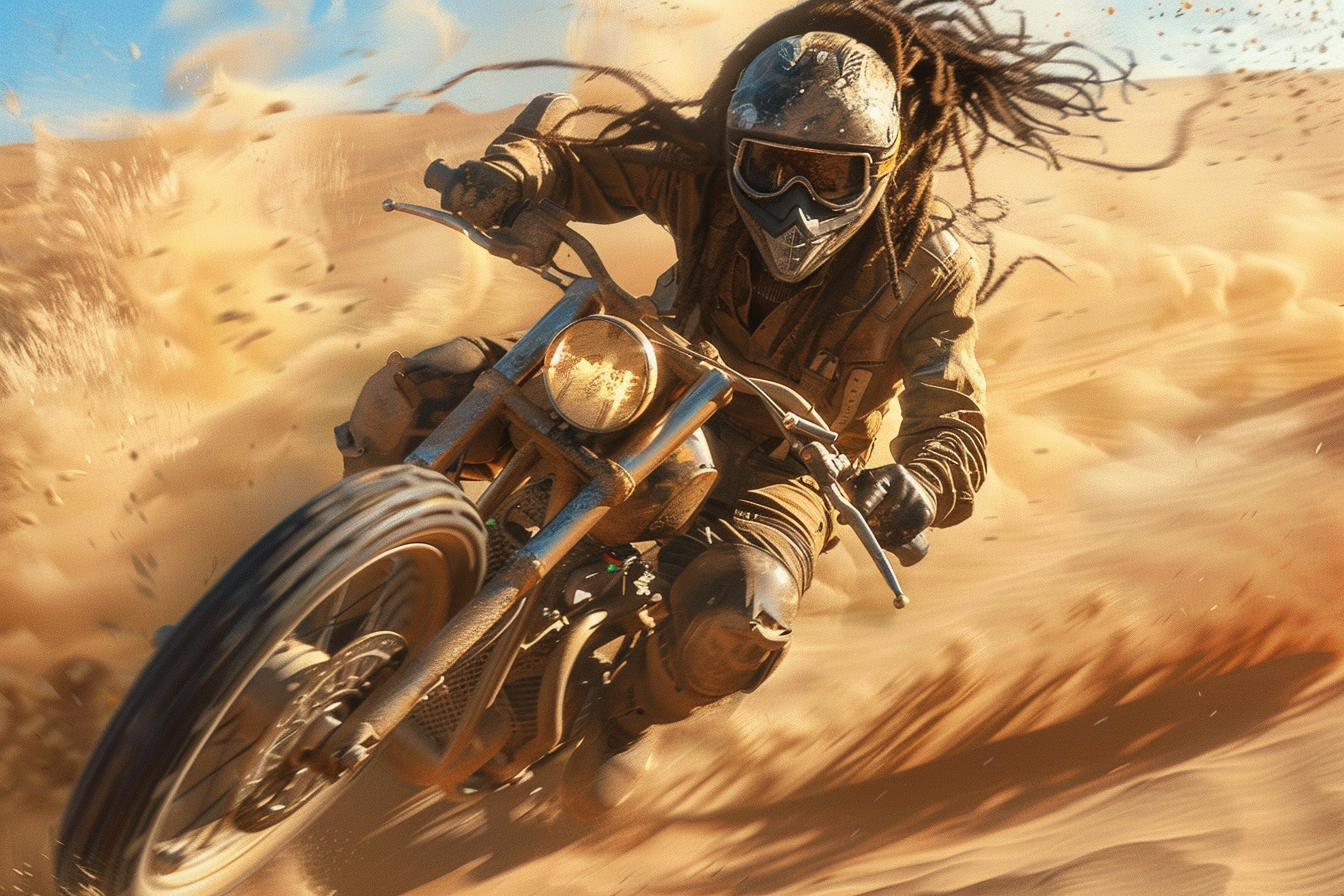 Motorcycle speeding through desert with dreadlocks and goggles