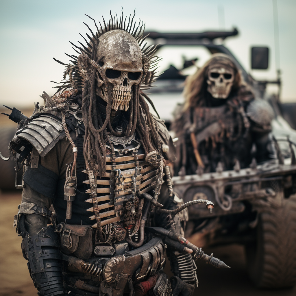 Two Mad Max-like Villains with Homemade Metal Armor and Weapons