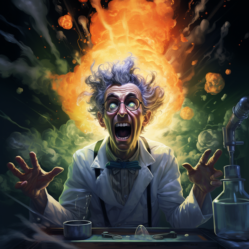 Mad scientist with experiment exploding in face