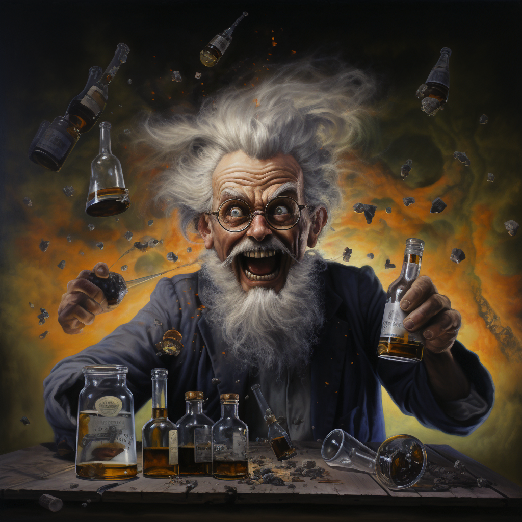 A realistic portrayal of a mad scientist with beer