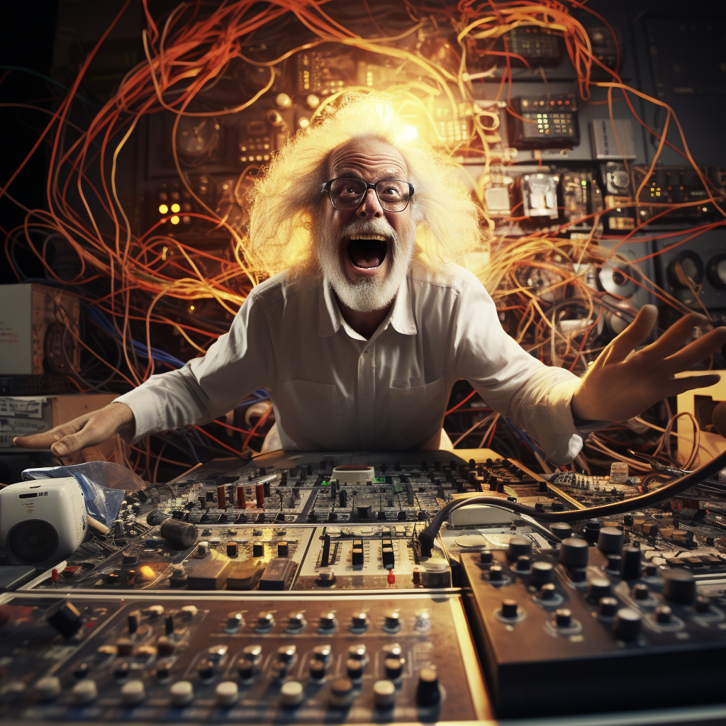 Mad scientist creating audio machine