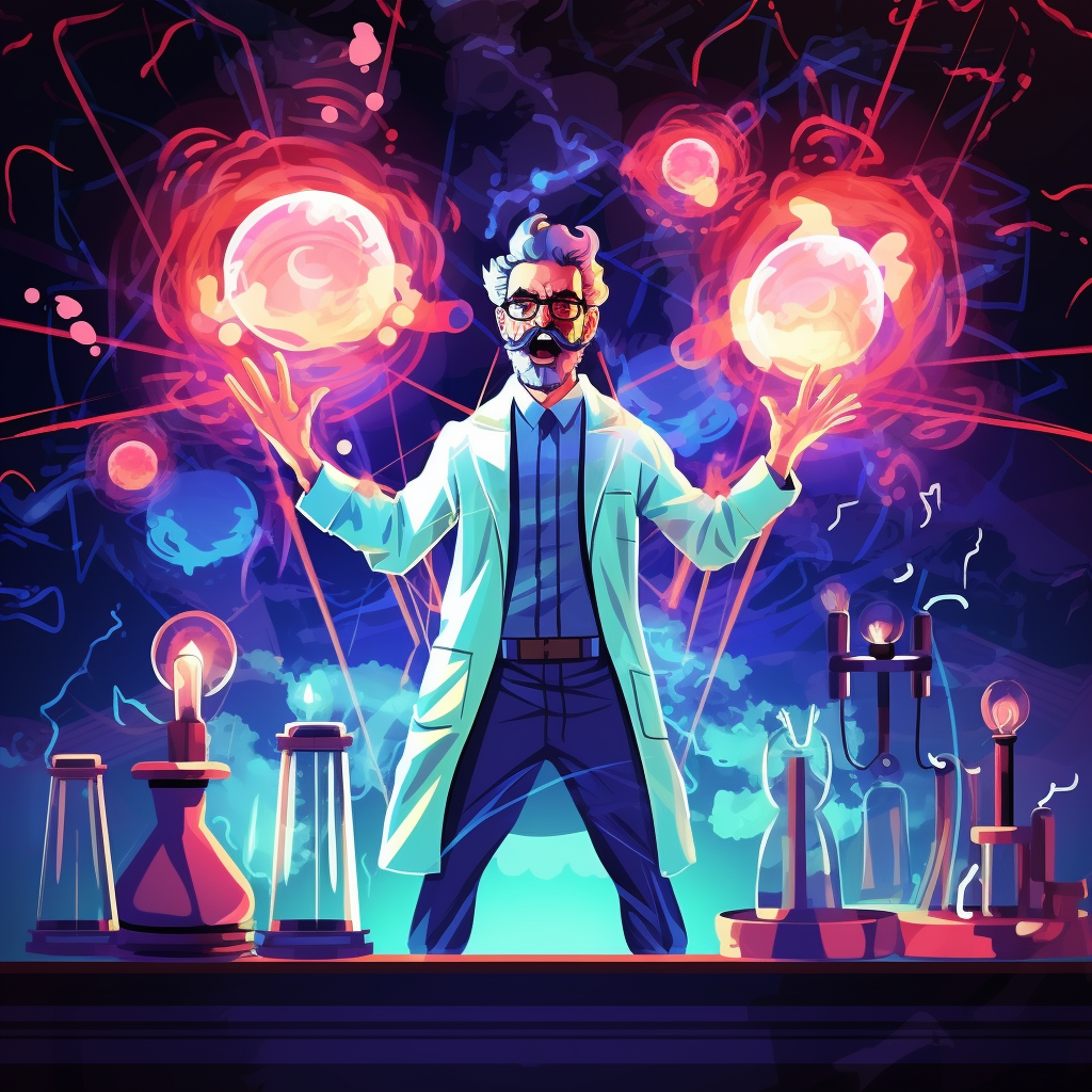 Cartoon image of a mad scientist mixing neon liquids