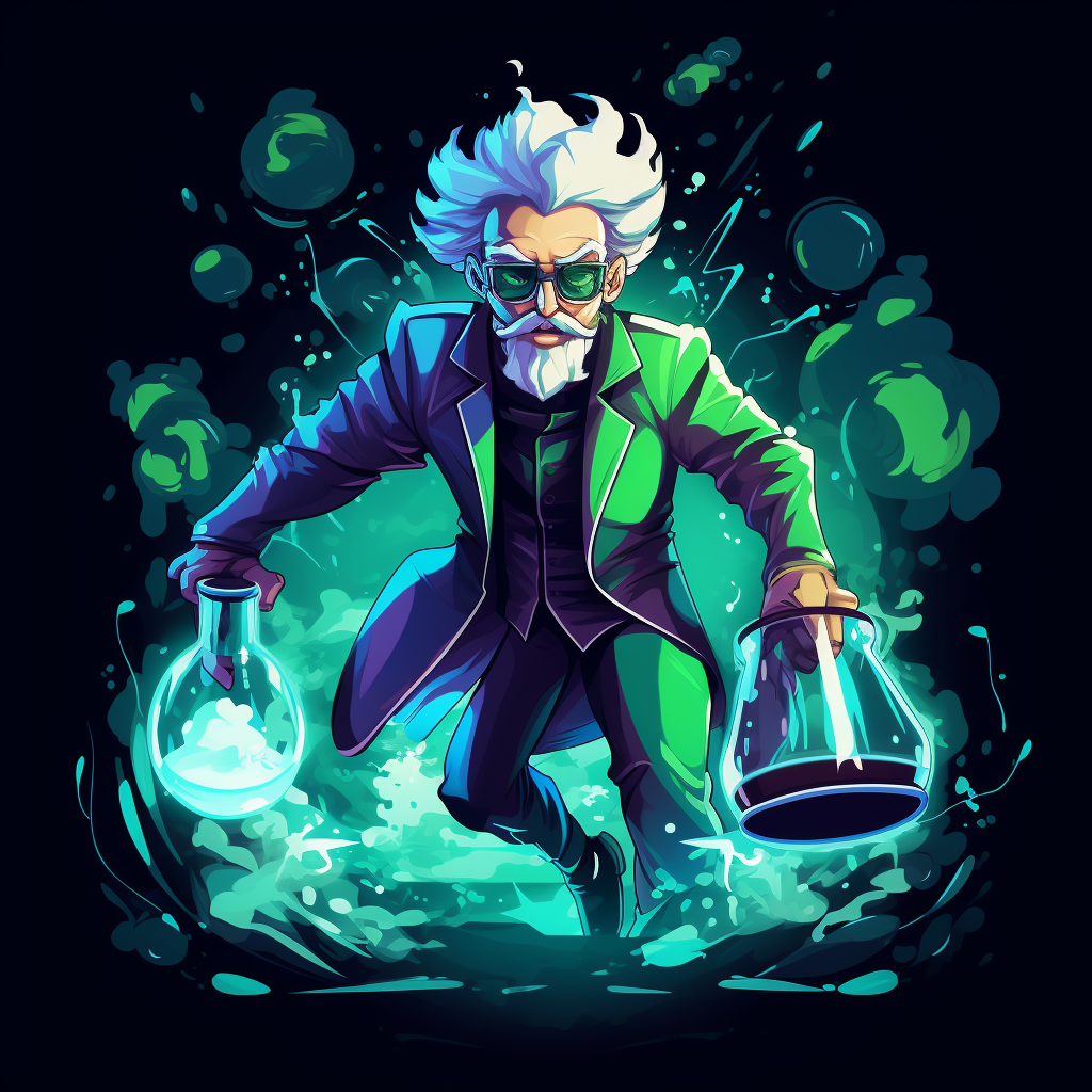 Mad scientist mixing neon liquids in flask