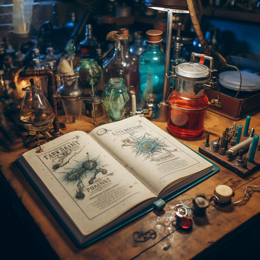 Open mad scientist's notebook on work bench