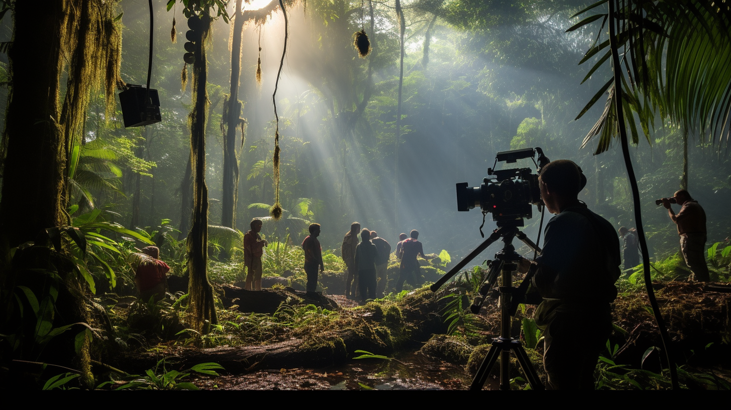 Cinematic shot of filming crew in Madagascar jungle