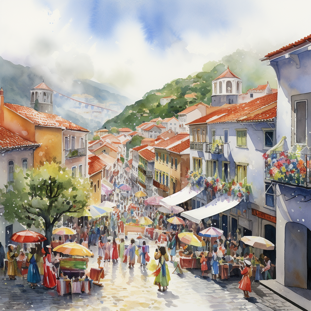 Colorful watercolor painting of Festa da Flor