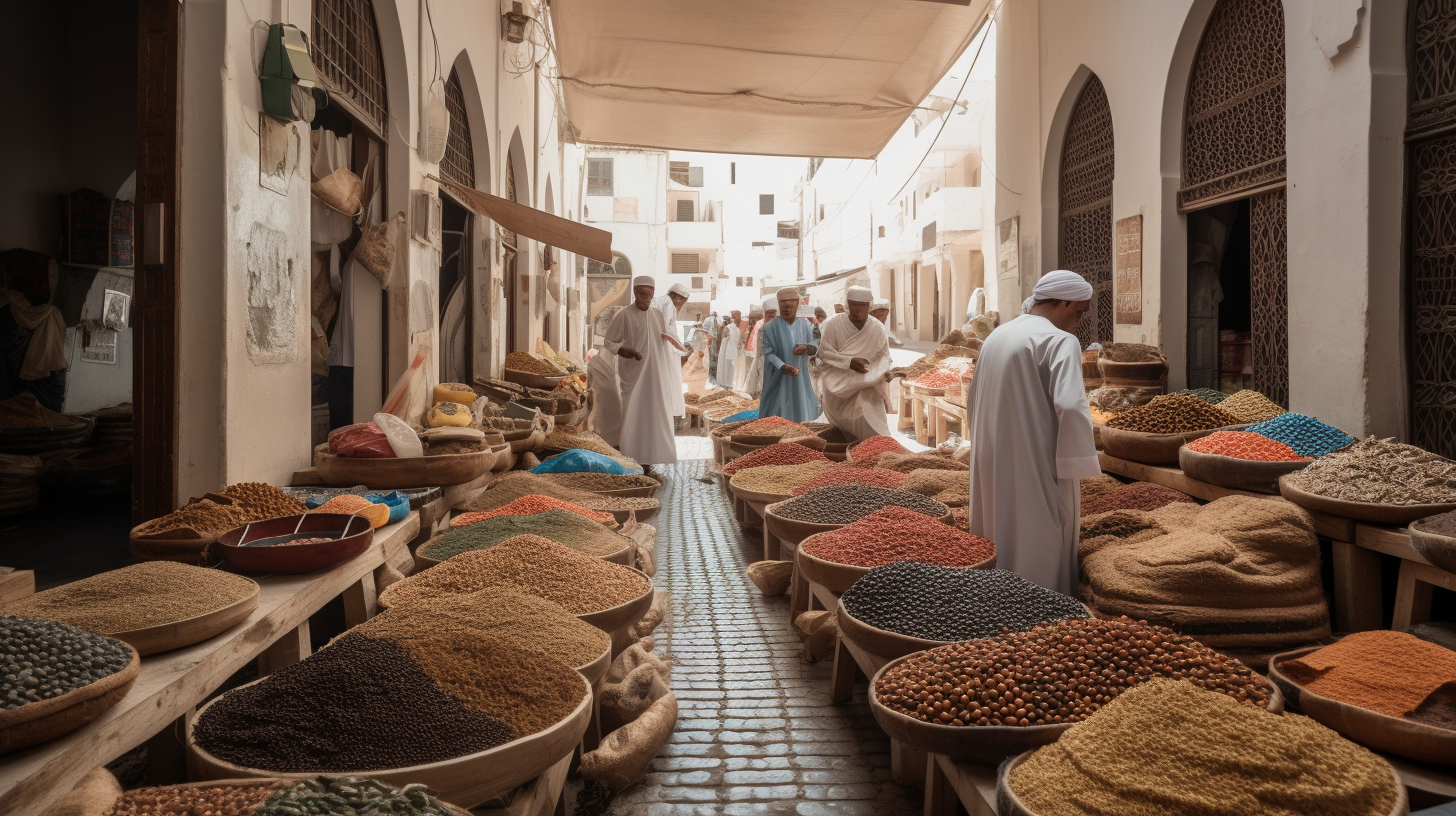 Colorful display of spices and textiles in Madha Oman