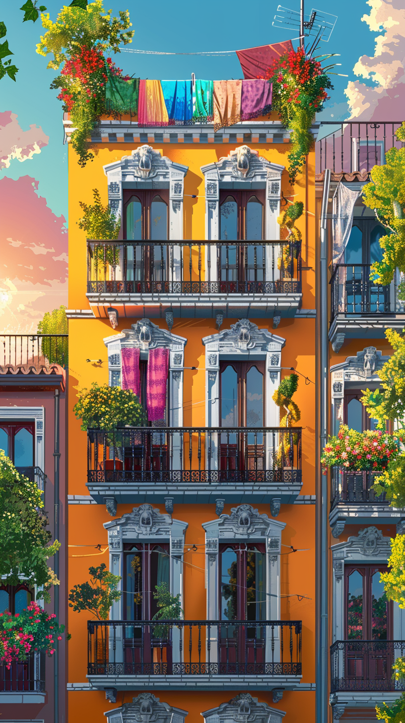 classic building in Madrid with colorful scarves