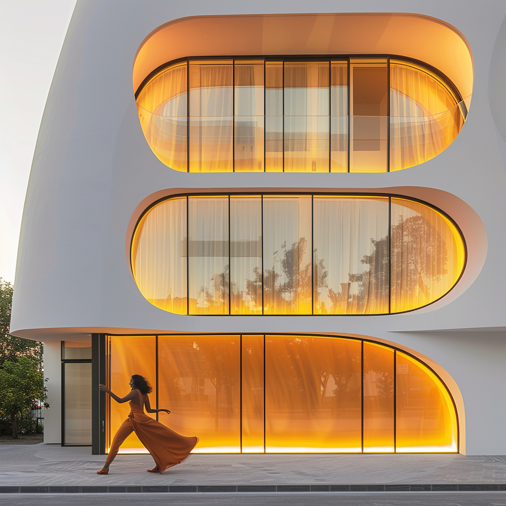 Contemporary Madrid building with dancer