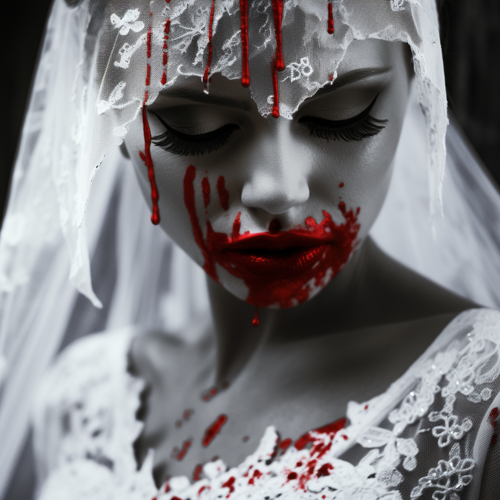 Black and white close-up of mafia bride with red lips