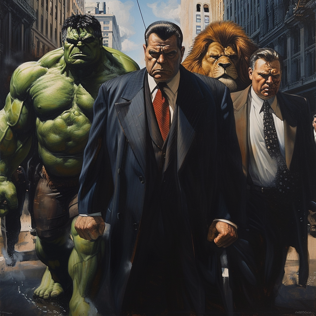 Mafia King Jimmy Hoffa walking with Hulk and Lion