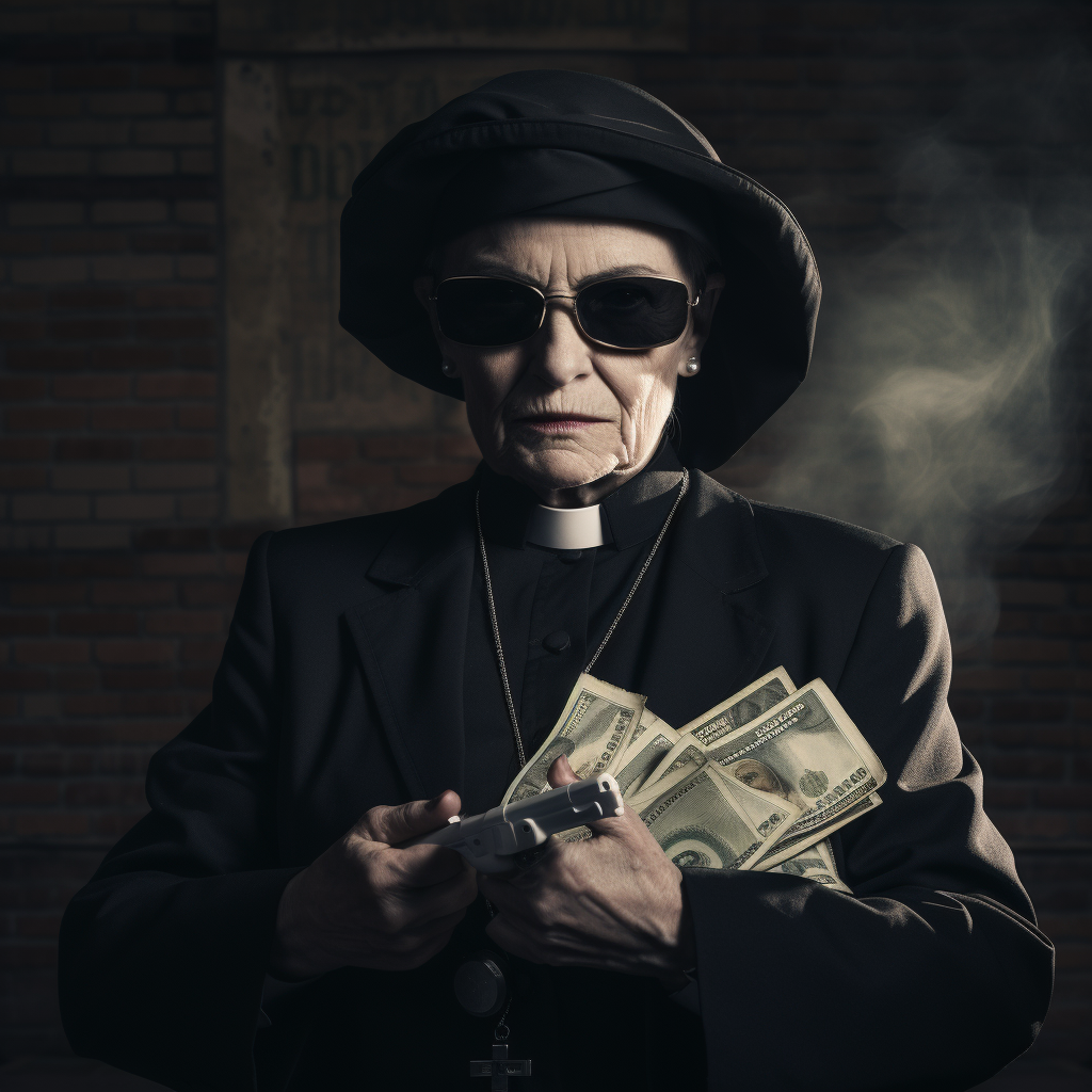 Image of a nun dressed as a mafia boss