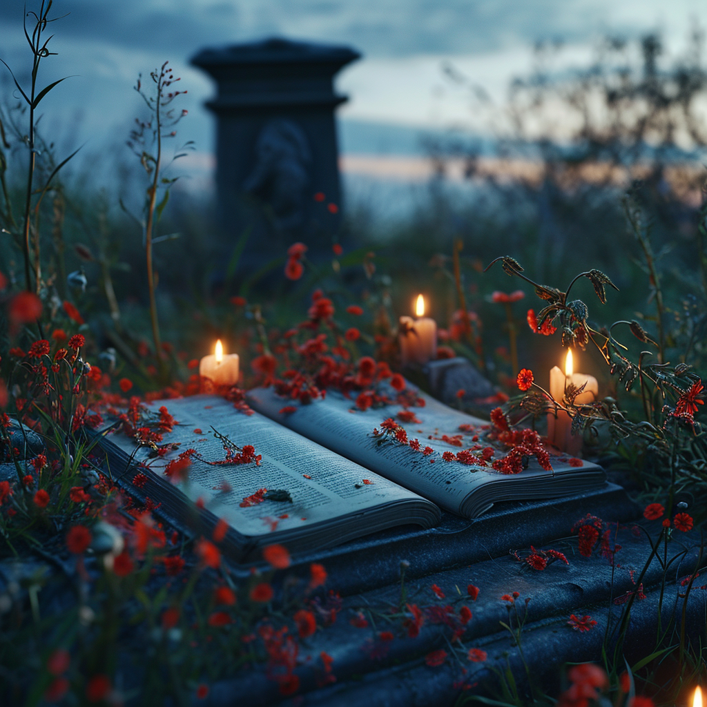 Magazine on pages with red flowers and evening sky