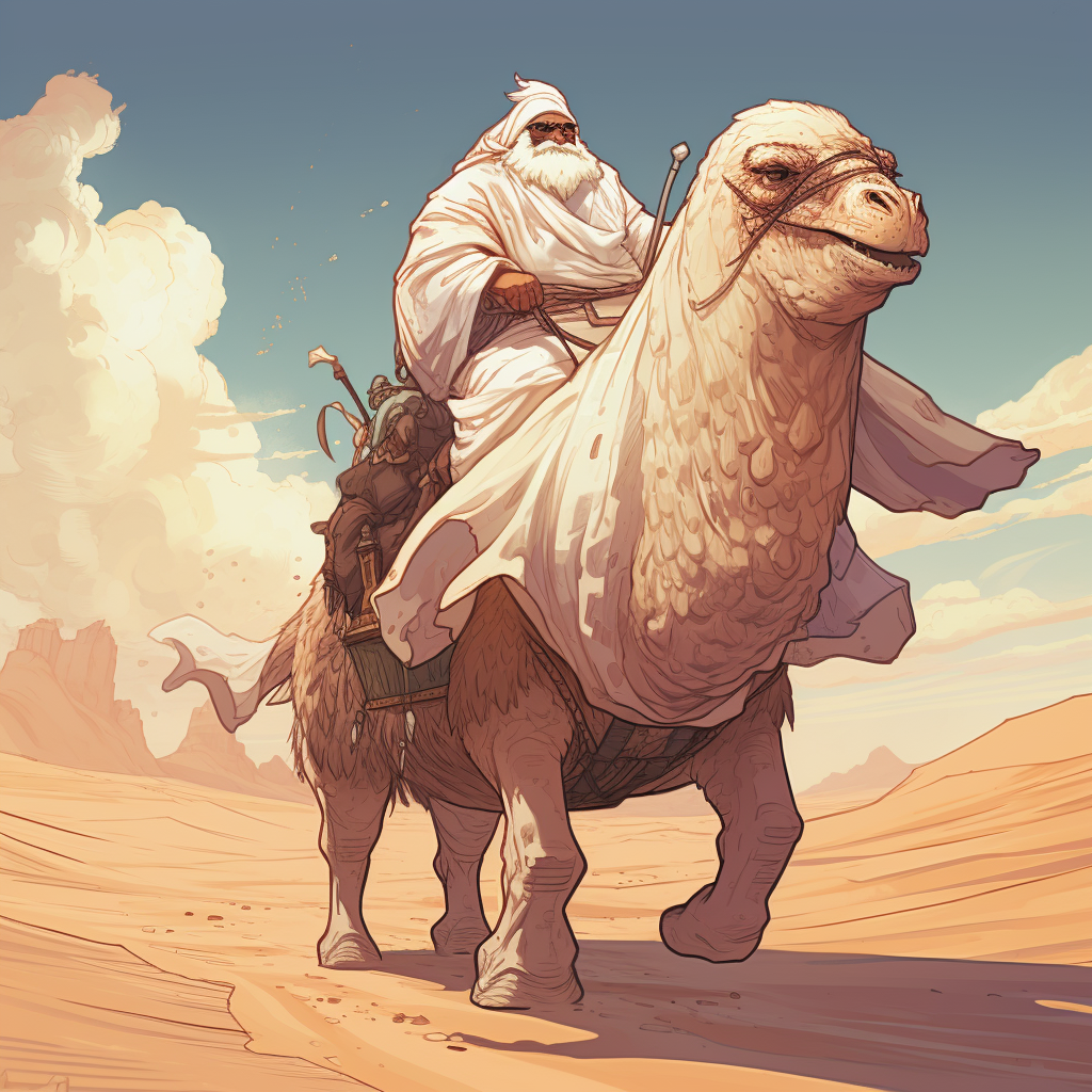 Hooded evil mage riding a camel