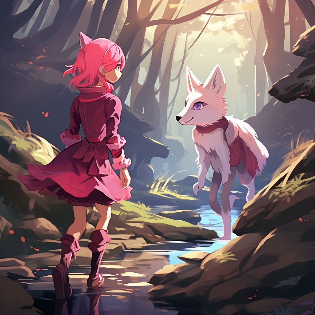 Cute anthro wolf and bunny walking in forest