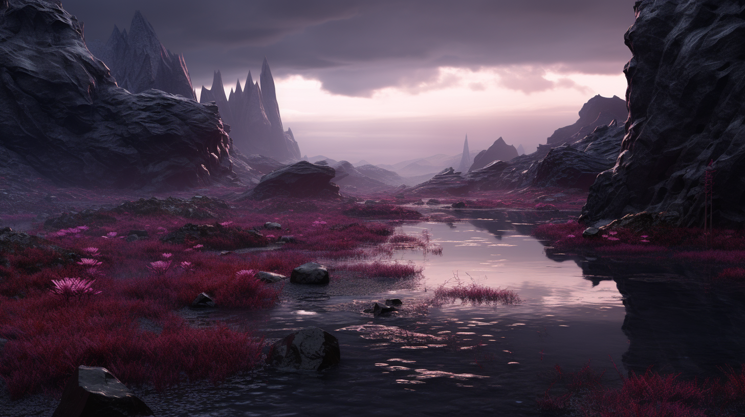 Fantastical Scifi Landscape in Magenta & Slate Grey