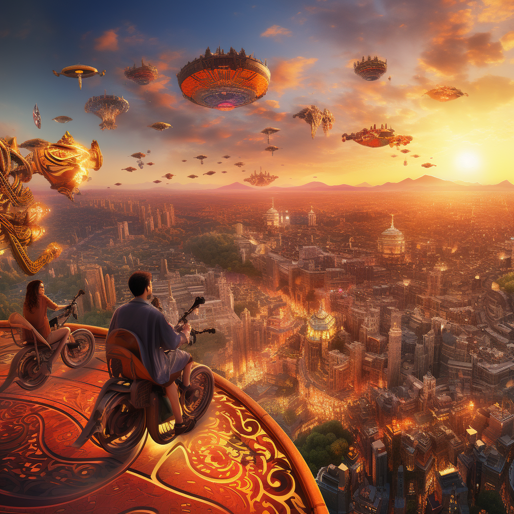 Group of people riding on magic carpet over cityscape