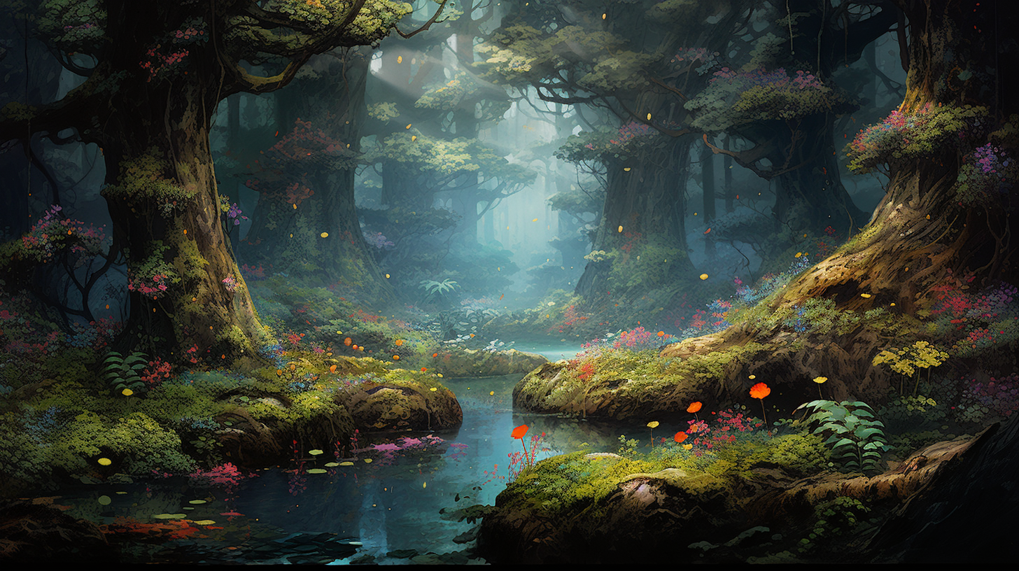 Dreamy magic forest with royal colors