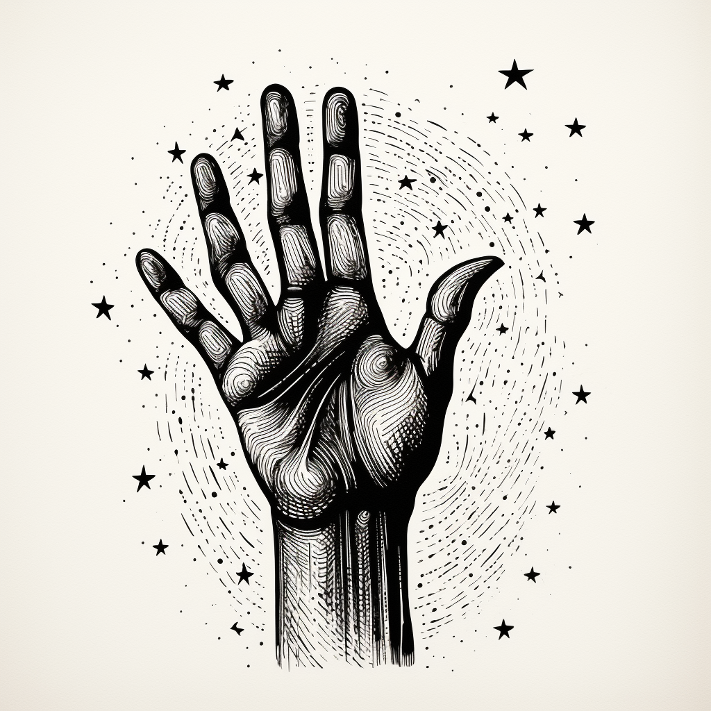 Drawing of a magical hand with stars