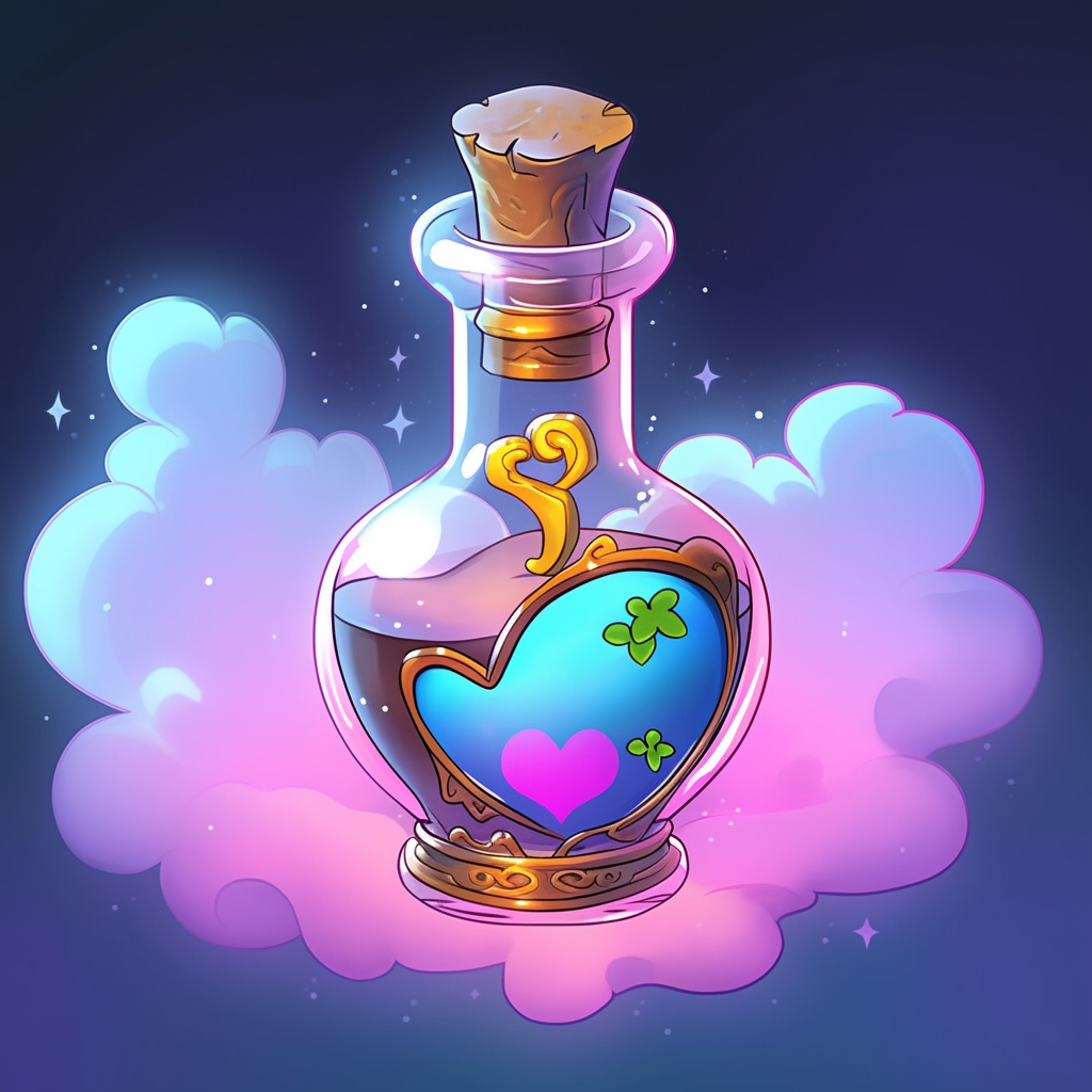 Brightly lit magic healing health potion on table