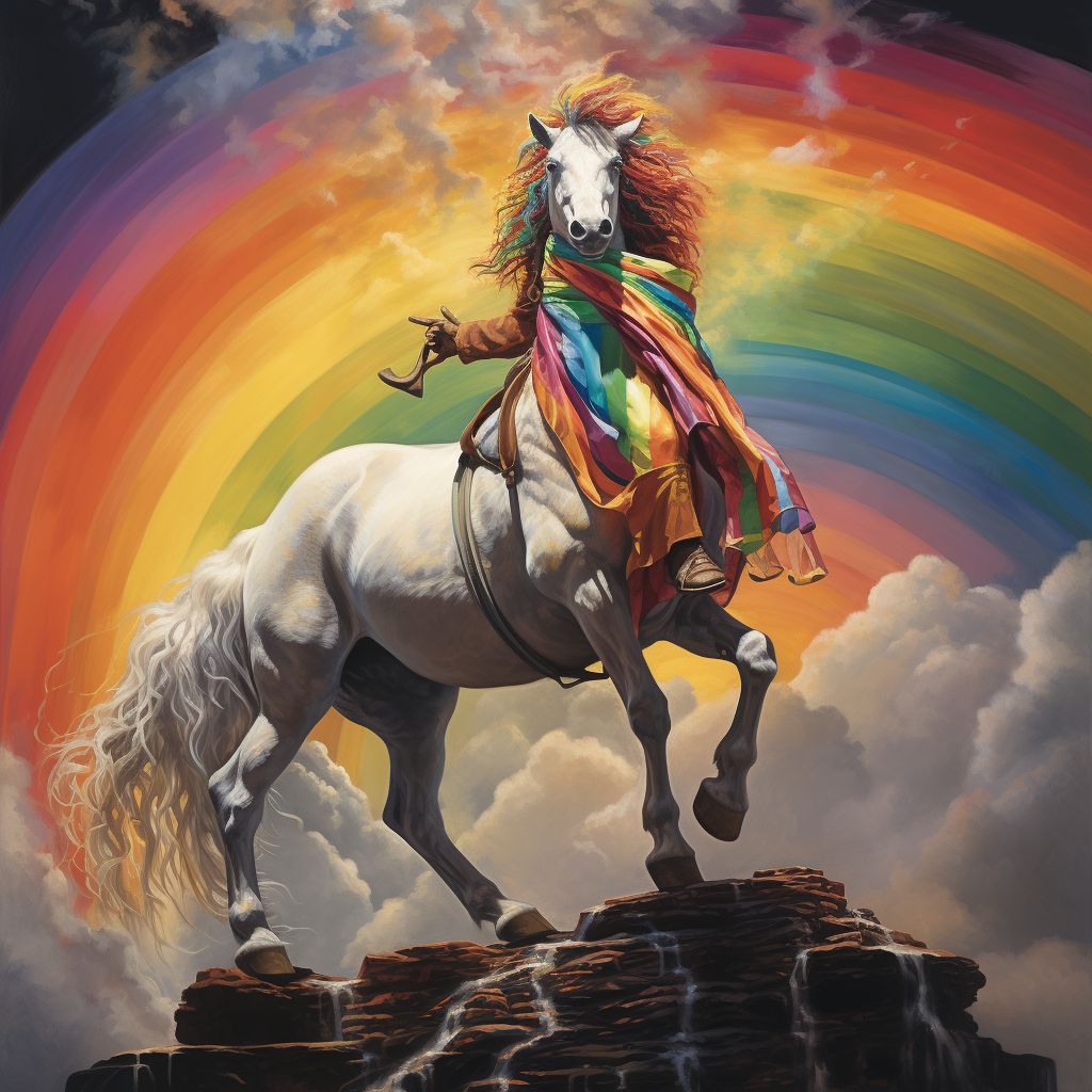 Beautiful Magic Horse with Rainbow and Goat